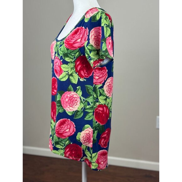 NEW LuLaRoe Womens Knit Tunic Top S Short Sleeve Blue Pink Floral Scoop Neck - Picture 2 of 7
